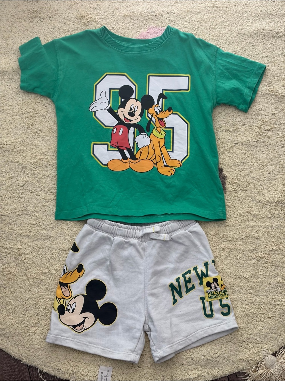Zara Kids Mickey & Pluto Pajama Set - Green Top & White Shorts